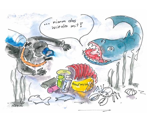Cartoon: Plastik im Meer (medium) by Pralow tagged fische,kunststoffe,nahrungskette,meer,meeresverschmutzung,fische,kunststoffe,nahrungskette,meer,meeresverschmutzung