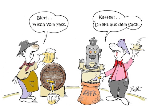Cartoon: Bier und Kaffee (medium) by BuBE tagged bier,fass,kaffeesack,kaffeebohnen,wettbewerb,bierausschank,kaffeeausschank,kaffee,kellner,ober,cafe,bar,gaststätte,restaurant