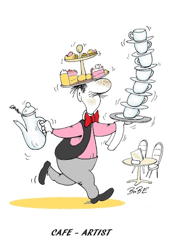 Cartoon: cafe artist (medium) by BuBE tagged kaffee,künstler,kellner,ober,cafe,bar,gaststätte,restaurant,kuchen,kaffeetassen