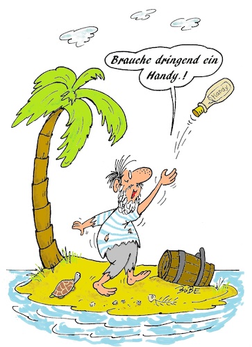 Cartoon: Handy gebraucht (medium) by BuBE tagged handy,mobiltelefon,insel,flaschenpost,einsam,schiffbruch,gestrandet,hilfe