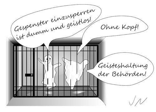 Cartoon: Anordnung (medium) by Jochen N tagged knast,gefängnis,justiz,gericht,behörde,amt,zelle,haft,verhaftung,strafe,gespenst,geist,grusel,dumm,kopf