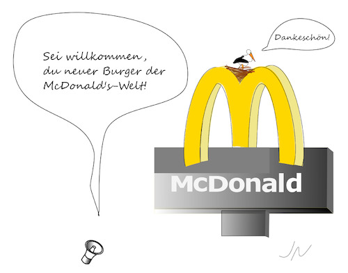 Cartoon: Burgernähe (medium) by Jochen N tagged mcdonalds,fastfood,hamburger,cheeseburger,gesundheit,essen,ernährung,ungesund,umwelt,storch,vogel,nest,megafon,dank,burger,bürger,fleisch