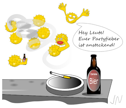 Cartoon: Corona Party (medium) by Jochen N tagged zigarette,bier,alkohol,feier,aschenbecher,partystimmung,viren,ansteckung,ansteckend,coronavirus,virus,covid,19,gesund,krank,pandemie,infekt