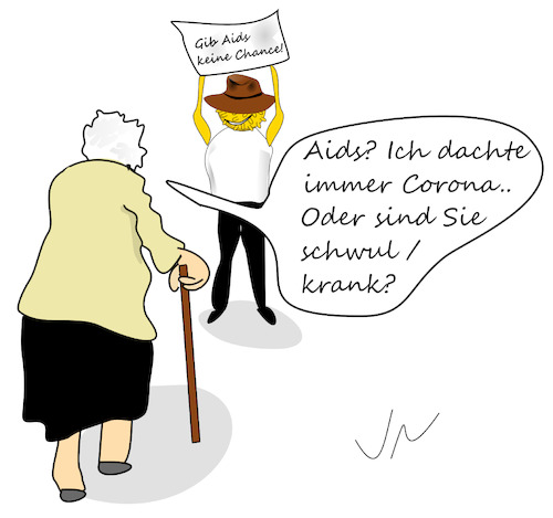 Cartoon: Corona und Oma (medium) by Jochen N tagged demo,aids,schwul,homosexuell,stock,hut,großmutter,krank,pandemie,covid,19,virus,ansteckung,abstand,welle