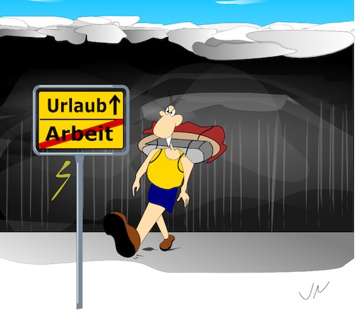Cartoon: Ende im Gelände (medium) by Jochen N tagged urlaub,ferien,arbeit,ortsausgang,ortseingang,blitz,gewitter,regen,wandern,wanderung,rucksack