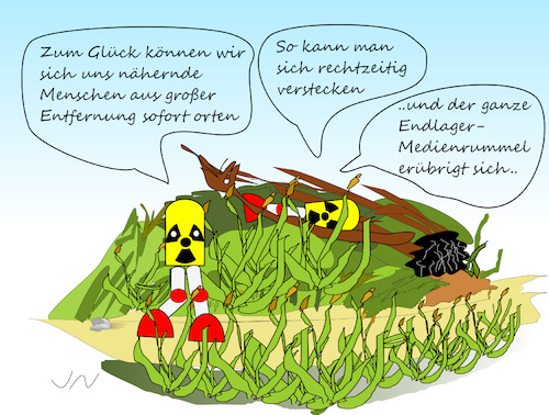 Cartoon: Endlager Naturschutzgebiet (medium) by Jochen N tagged atom,atommüll,atomkraft,nuklear,entsorgung,energie,gorleben,naturschutz,roboter,ortung,versteck,medien,flexibilität
