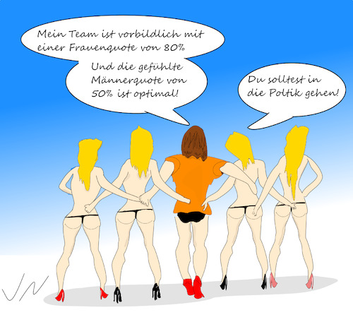 Cartoon: Frauenquote (medium) by Jochen N tagged frauen,cdu,geschlecht,gleichberechtigung,rollenbild,macho,egoist,po,arsch,geil,halbnackt,bikini,vorbild,quote,männerquote