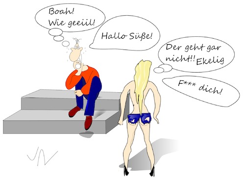 Cartoon: Geschlechterkrampf (medium) by Jochen N tagged anmache,sexy,blickfang,attraktiv,geschlechter,minirock,süße,ekel,belästigung,zurückweisung,heiß,scharf,geil,treppe,maik