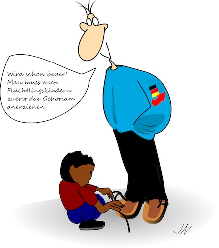 Cartoon: Lobeslied (medium) by Jochen N tagged lobeslied,lob,kinderarbeit,kind,flüchtlinge,afd,schuh,schuhe,binden,maik,gehorsam,erziehung,anerziehen,diskriminierung,abwertung,demütigung