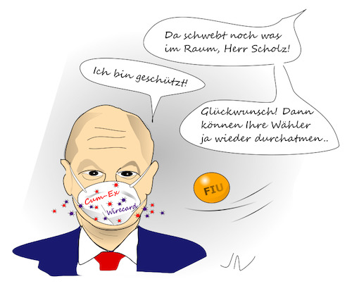 Cartoon: Olaf Scholz (medium) by Jochen N tagged wahl,wahlen,bundestagswahl,wahlkampf,kanzlerkandidat,kanzler,bundeskanzler,spd,fiu,razzia,geldwäsche,finanzministerium,schutz,maske,corona,viren,last