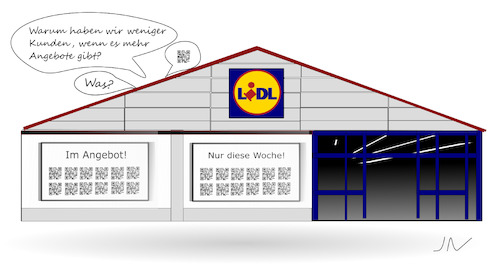 Cartoon: QR-Code (medium) by Jochen N tagged supermarkt,discounter,lidl,aldi,lebensmittel,kunden,werbung,plakat,angebote,einzelhandel