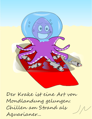 Cartoon: Strandurlaub (medium) by Jochen N tagged krake,oktopus,tintenfisch,kalmar,aquarium,fisch,faul,chillen,liegen,baden,mond,strand,meer,urlaub,wissenschaft