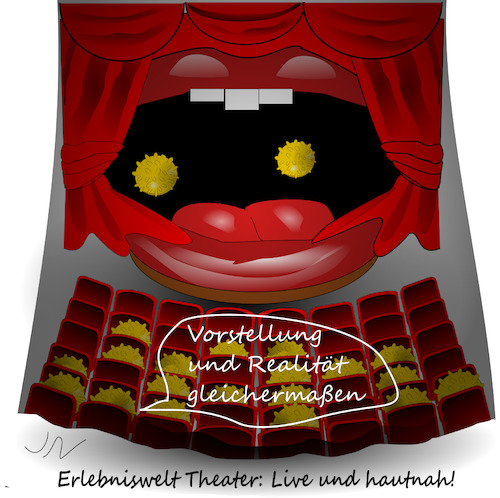 Cartoon: Theater um Corona (medium) by Jochen N tagged mund,lippen,maske,bühne,vorstellung,realität,live,hautnah,erlebnis,pandemie,covid,19,ansteckung,lockdown,viren,virus