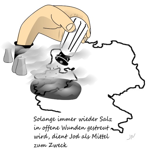 Cartoon: Tihange (medium) by Jochen N tagged tihange,belgien,deutschland,nrw,kernkraft,atom,akw,supergau,katastrophe,jod,reaktor,nuklear,radioaktiv,strahlung,risse,salz,salzstreuer,wunde,schatten
