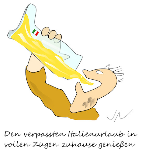 Cartoon: Trinkstiefel (medium) by Jochen N tagged bier,alkohol,italien,urlaub,sperrzone,zuhause,corona,virus,covid,gesundheit,krank,pandemie