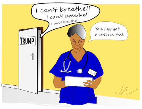 Cartoon: Trump in hospital (medium) by Jochen N tagged ärztin,krankenschwester,klinik,krankenhaus,krank,usa,präsident,biden,schwarz,rassismus,tablette,pille,wahlkampf,black,lives,matter,breathe,tür,corona,pandemie,covid,19,quarantäne