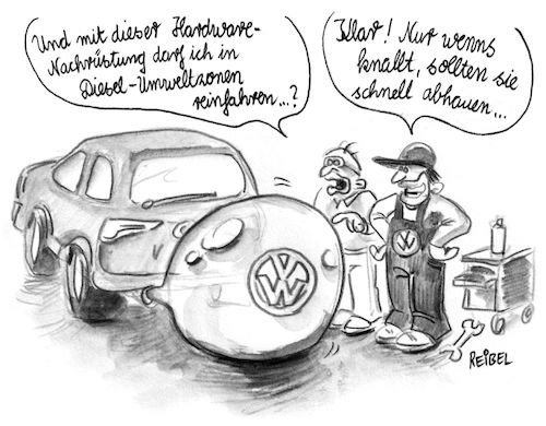 Cartoon: Diesel-Nachrüstung (medium) by REIBEL tagged vw,diesel,skandal,stickstoffoxid,nox,fahrverbot,umweltzone,blaue,plakette,kfz,werkstatt,nachrüstung,ballon