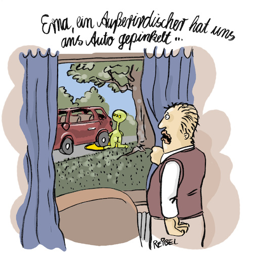 Cartoon: Extraterrestrisch (medium) by REIBEL tagged außerirdisch,ufo,auto,etikette,knigge,fenster,wohnzimmer,pinkeln,außerirdisch,ufo,auto,etikette,knigge,fenster,wohnzimmer,pinkeln