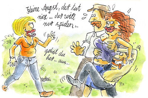 Cartoon: Männerhalter (medium) by REIBEL tagged mann,frau,lust,park,belästigung,grapscher,leine,hundehalter