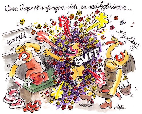 Cartoon: Radikal-Vegan (medium) by REIBEL tagged vegan,radikalisierung,metzgerei,hass,blumen,explosion,anschlag,wurst,vegan,radikalisierung,metzgerei,hass,blumen,explosion,anschlag,wurst