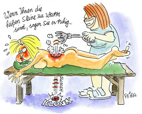 Cartoon: Wellness (medium) by REIBEL tagged wellness,hot,stone,liege,frau,heiss,zange,behandlung,schönheit,leiden,wellness,hot,stone,liege,frau,heiss,zange,behandlung,schönheit,leiden