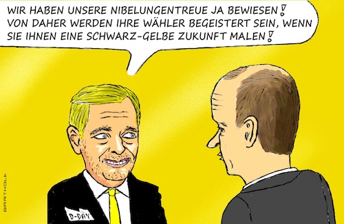 Cartoon: Avancen (medium) by Barthold tagged wahlkampf,bundestagswahl,2025,christian,lindner,ziel,schwarz,gelb,koalition,fdp,image,beschädigt,verhalten,gegenüber,ampel,partnern,hinterhältig,egoistisch,nicht,veranwortlich,gespräch,friedrich,merz,einstecktuch,dday,cartoon,karikatur,barthold,wahlkampf,bundestagswahl,2025,christian,lindner,ziel,schwarz,gelb,koalition,fdp,image,beschädigt,verhalten,gegenüber,ampel,partnern,hinterhältig,egoistisch,nicht,veranwortlich,gespräch,friedrich,merz,cartoon,karikatur,barthold