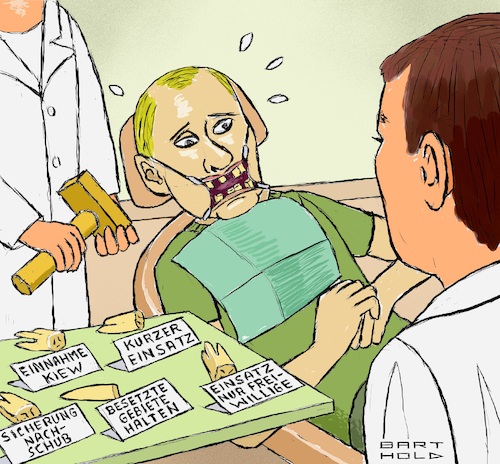 Cartoon: Behandlung b. Dr. Realität (medium) by Barthold tagged ukrainekrieg,wladimir,putin,irrtümer,misserfolge,rückschläge,einnahme,kiew,einsatzdauer,sicherung,nachschubwege,halten,eroberter,gebiete,teilmobilmachung,raushalten,bevölkerung,zahnarzt,lippenspreizer,zahn,ziehen,redensart,cartoon,karikatur,barthold,ukrainekrieg,wladimir,putin,irrtümer,fehleinschätzungen,rückschläge,nicht,erreichte,ziele,einnahme,kiew,einsatzdauer,sicherung,nachschubwege,halten,eroberter,gebiete,teilmobilmachung,raushalten,bevölkerung,zahnarzt,lippenspreizer,zahn,ziehen,redensart,cartoon,karikatur,barthold