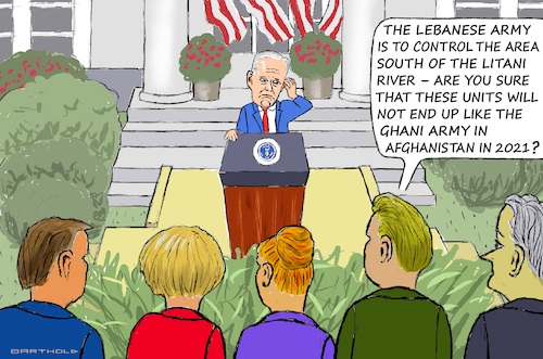 Cartoon: Biden optimistic - too optim.? (medium) by Barthold tagged lebanon,war,conflict,israel,hezbollah,agreement,ceasefire,control,area,south,of,litani,river,regular,army,biden,speech,white,house,rose,garden,optimistic,comparison,afghanistan,ashraf,ghani,cartoon,caricature,barthold,lebanon,war,conflict,israel,hezbollah,agreement,ceasefire,control,area,south,of,litani,river,regular,army,biden,speech,white,house,rose,garden,optimistic,cartoon,caricature,barthold