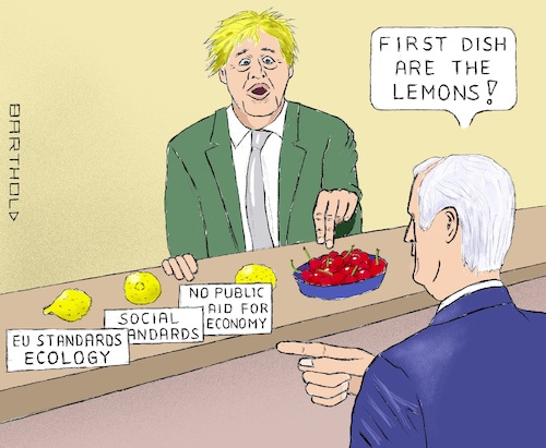 Cartoon: Buffet in Brussels (medium) by Barthold tagged boris,johnson,michel,barnier,negotiations,free,trade,agreement,cherry,picking,lemons,first,second,dish,standards,ecology,socially,ban,public,aid,economy,caricature,barthold
