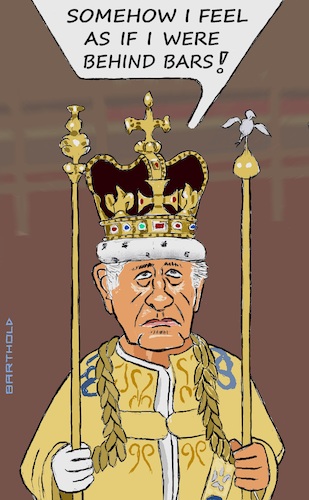 Cartoon: Coronation Charles III (medium) by Barthold tagged king,charles,iii,third,england,coronation,holding,two,sceptres,resemblance,bars,prison,jail,pressure,straitjacket,royal,duties,cartoon,caricature,barthold,king,charles,iii,third,england,coronation,holding,two,sceptres,resemblance,bars,prison,jail,pressure,straitjacket,royal,duties,cartoon,caricature,barthold