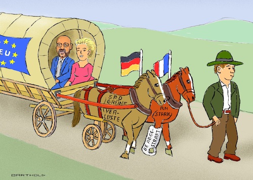 Cartoon: Die Zugpferde (medium) by Barthold tagged eu,europawahl,2024,gewinne,rechte,parteien,deutschland,spd,grüne,verluste,ampel,scholz,geschwächt,frankreich,rn,rassemblement,national,doppelt,stark,renaissance,be,besoin,de,europe,macron,neuwahlen,planwagen,invalide,pferde,michel,leyen,barthold,eu,parlamentswahl,2024,gewinne,rechte,parteien,deutschland,spd,grüne,verluste,ampel,scholz,legitimation,geschwächt,frankreich,rn,rassemblement,nationale,doppelt,stark,wie,renaissance,besoin,de,europe,emmanuel,macron,ankündigung,neuwahlen,planwagen,invalide,pferde,charles,michel,ursula,leyen,cartoon,karikatur,barthold