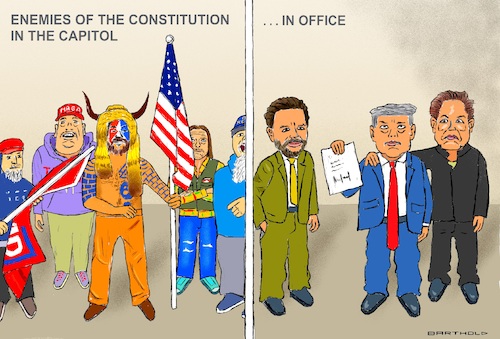 Cartoon: Enemies of the Constitution (medium) by Barthold tagged usa,capitol,rioter,2021,member,government,2025,james,donald,vance,trump,elon,musk,head,doge,cartoon,caricature,barthold,usa,capitol,rioter,2021,member,government,2025,james,donald,vance,trump,elon,musk,head,doge,cartoon,caricature,barthold