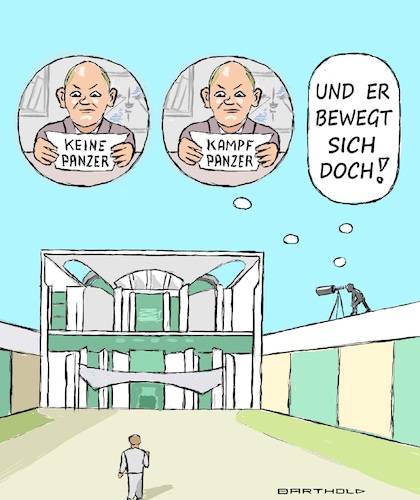 Cartoon: Er bewegt sich doch (medium) by Barthold tagged olaf,scholz,januar,2023,entscheidung,lieferung,kampfpanzer,leopard,zwei,ukraine,zögern,druck,alliierte,bündnispartner,koalitionspartner,fernrohr,wiedergabe,sichten,schreibtisch,kanzleramt,cartoon,karikatur,barthold,olaf,scholz,januar,2023,entscheidung,lieferung,kampfpanzer,leopard,zwei,ukraine,zögern,druck,alliierte,bündnispartner,koalitionspartner,fernrohr,wiedergabe,sichten,schreibtisch,kanzleramt,cartoon,karikatur,barthold