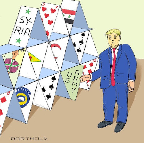 Cartoon: Extremely Wise Decision Maker (medium) by Barthold tagged donald,trump,recep,tayyip,erdogan,agreement,detriment,kurds,betrayal,turkish,invasion,north,syria,offensive,fsa,sdf,ypg,displacement,expulsion,war,house,cards,collapse