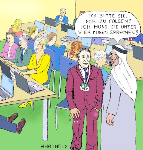 Cartoon: G20-Treffen 2020 in Saudi-Arab. (medium) by Barthold tagged g20,gipfel,2020,saudi,arabien,mord,jamal,ahmad,khashoggi,journalist,presseraum,sicherheit