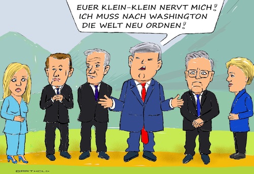 Cartoon: G7 in Kananaskis 2025 (medium) by Barthold tagged g7,gipfel,kananaskis,kanada,2025,vorzeitige,abreise,trump,grund,entscheidung,beteiligung,israels,angriff,iran,bombardierung,atomanlagen,ultimative,forderung,kapitulation,cartoon,karikatur,barthold,g7,gipfel,kananaskis,kanada,2025,vorzeitige,abreise,trump,grund,entscheidung,beteiligung,israels,angriff,iran,bombardierung,atomanlagen,ultimative,forderung,kapitulation,cartoon,karikatur,barthold