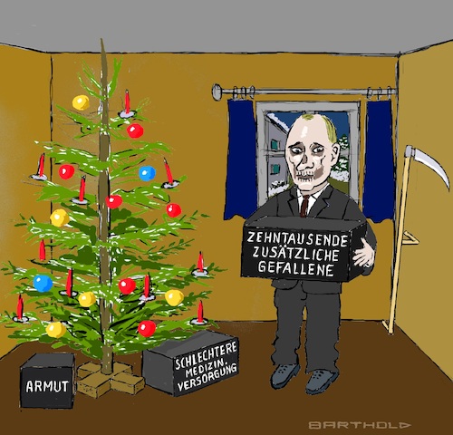 Cartoon: Geschenke für das Volk (medium) by Barthold tagged ukraine,ukrainekrieg,putin,rede,militär,dezember,21,2022,ausblick,2023,festhalten,kriegsziele,verstärkung,kriegsanstrengungen,verbesserung,ausrüstung,weihnachten,überreichung,geschenk,einfaches,volk,stube,weihnachtsbaum,cartoon,karikatur,barthold,ukraine,ukrainekrieg,putin,rede,militär,verteidigungsministerium,dezember,21,2022,festhalten,kriegsziele,verstärkung,kriegsanstrengungen,verbesserung,ausrüstung,kriegsgerät,weihnachten,überreichung,geschenk,einfaches,volk,stube,weihnachtsbaum,cartoon,karikatur,barthold