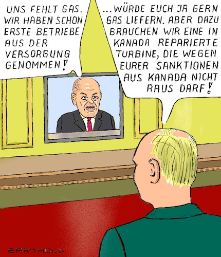 Cartoon: Ich tät ja wollen! (medium) by Barthold tagged russland,gaslieferungen,nordstream,eins,reduktion,40,prozent,turbine,wartung,siemens,kanada,ausfuhrverbot,sanktionen,telefonat,olaf,scholz,wladimir,putin,triumpf,genugtuung,cartoon,karikatur,barthold,russland,gaslieferungen,nordstream,eins,reduktion,40,prozent,turbine,wartung,siemens,kanada,ausfuhrverbot,sanktionen,telefonat,olaf,scholz,wladimir,putin,triumpf,genugtuung,cartoon,karikatur,barthold