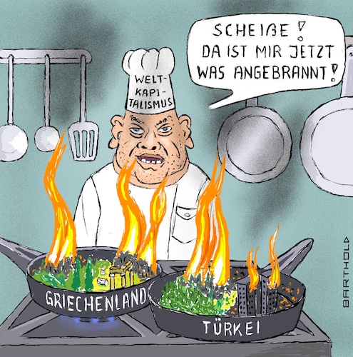 Cartoon: In Teufels Küche (medium) by Barthold tagged waldbrände,griechenland,türkei,italien,klimawandel,schwacher,jetstream,hitzewelle,trockenheit,kapitalismus,wachstum,wachstumsglaube,wachstumsideologie,emission,klimagase,koch,herd,pfannen,feuer,cartoon,karikatur,barthold,waldbrände,griechenland,türkei,italien,klimawandel,schwacher,jetstream,hitzewelle,trockenheit,kapitalismus,wachstum,wachstumsglaube,wachstumsideologie,emission,klimagase,koch,herd,pfannen,feuer,cartoon,karikatur,barthold