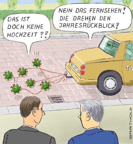 Cartoon: Jahresrückblick 2020 (medium) by Barthold tagged corona,virus,pandemie,2020,allgegenwärtig,gesundheit,wirtschaft,gesellschaft,kultur,auto,dienstwagen,fernsehanstalt,kameramann,rücksitz,rückfenster,passanten,hochzeit,büchsen,schlepp,angehängt,cartoon,karikatur,barthold,corona,virus,pandemie,2020,allgegenwärtig,gesundheit,wirtschaft,gesellschaft,kultur,auto,dienstwagen,fernsehanstalt,kameramann,rücksitz,rückfenster,passanten,hochzeit,büchsen,schlepp,angehängt,cartoon,karikatur,barthold