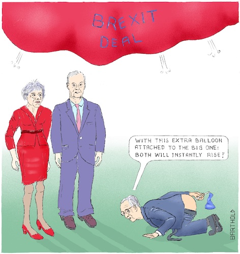 Cartoon: Juncker s Assistance to Vote 2 (medium) by Barthold tagged brexit,deal,parliament,vote,march,12,balloon,fart,claude,juncker,contribution,theresa,may,acceptance,michel,barnier,assistance,support