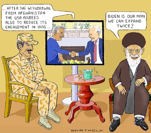 Cartoon: Chamenei Can be Happy (medium) by Barthold tagged meeting,joe,biden,mustafa,al,qasimi,primeminister,iraq,stop,combat,missions,withdrawal,afghanistan,iran,claim,regional,power,act,unrestrictedly,ayatollah,ali,chamenei,khamenei,cartoon,caricature,barthold,meeting,joe,biden,mustafa,al,qasimi,primeminister,iraq,stop,combat,missions,withdrawal,afghanistan,iran,claim,regional,power,act,unrestrictedly,ayatollah,ali,khamenei,cartoon,caricature,barthold