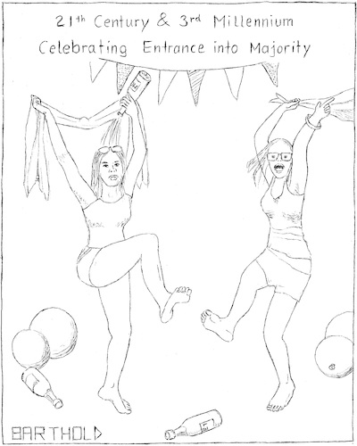 Cartoon: Majority Age Party (medium) by Barthold tagged 2018,21th,century,3rd,millennium,majority,age,girls,cheering,jumping,dancing,champagne,new,years,eve