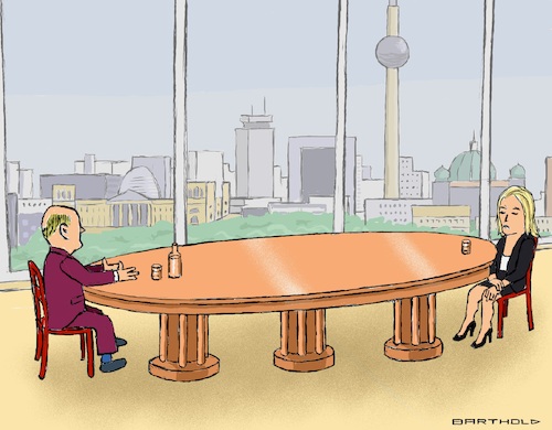 Cartoon: Meloni bei Scholz (medium) by Barthold tagged antrittsbesuch,giorgia,meloni,fratelli,italia,bundesrepublik,deutschland,olaf,scholz,putins,tisch,kanzleramt,skyline,berlin,cartoon,karikatur,barthold,antrittsbesuch,giorgia,meloni,fratelli,italia,bundesrepublik,deutschland,olaf,scholz,putins,tisch,kanzleramt,skyline,berlin,cartoon,karikatur,barthold