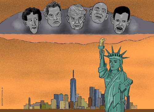 Cartoon: Mood in the US (medium) by Barthold tagged america,usa,manhattan,skyline,statue,liberty,thundercloud,storm,cloud,mark,zuckerberg,elon,musk,donald,trump,jeff,bezos,peter,thiel,techbros,billionaires,libertarianism,destruction,democracy,goal,dictatorship,cartoon,caricature,barthold,america,usa,manhattan,skyline,statue,liberty,thundercloud,storm,cloud,mark,zuckerberg,elon,musk,donald,trump,jeff,bezos,peter,thiel,techbros,billionaires,libertarianism,destruction,democracy,goal,dictatorship,cartoon,caricature,barthold