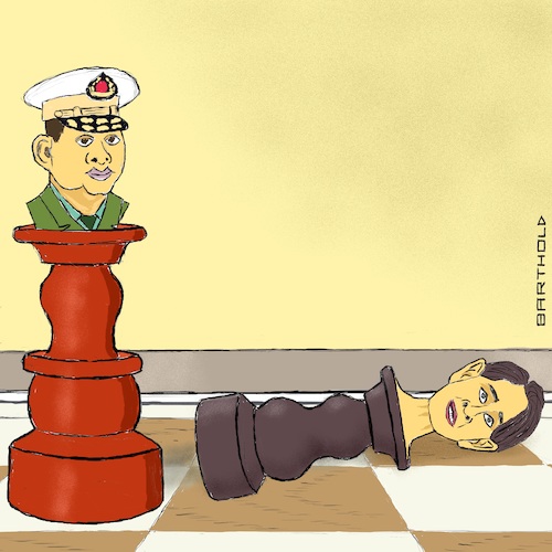 Cartoon: Myanmar February 2021 (medium) by Barthold tagged myanmar,state,counsellor,aung,san,suu,kyi,general,min,hlaing,coup,etat,end,democracy,chess,piece,cartoon,caricature,barthold,myanmar,state,counsellor,aung,san,suu,kyi,general,min,hlaing,coup,etat,end,democracy,chess,piece,cartoon,caricature,barthold
