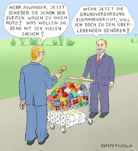 Cartoon: Panikschürer Aiwanger (medium) by Barthold tagged hubert,aiwanger,freie,wähler,parteivorsitzender,bayrischer,wirtschaftsminister,corona,pandemie,covid,19,sars,cov2,ausstieg,ausgangsbeschränkungen,geschäftsschließungen,betriebsschließungen,gefährdung,grundversorgung,todesopfer,panikmache,stammtischniveau,einkaufswagen,supermarkt,hamsterkauf,hamsterkäufer,parkplatz,reporter,mikrofon,karikatur,barthold,hubert,aiwanger,freie,wähler,parteivorsitzender,bayrischer,wirtschaftsminister,corona,pandemie,covid,19,sars,cov2,ausstieg,ausgangsbeschränkungen,geschäftsschließungen,betriebsschließungen,gefährdung,grundversorgung,todesopfer,panikmache,stammtischniveau,einkaufswagen,supermarkt,parkplatz,reporter,mikrofon,karikatur,barthold