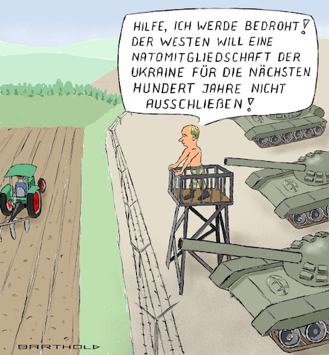 Cartoon: Putin bedroht (medium) by Barthold tagged verhandlungen,januar,2022,russland,usa,europäische,sicherheit,aufmarsch,drohpotential,forderung,verzicht,osterweiterung,traktor,pflügen,wachturm,panzer,cartoon,karikatur,barthold,verhandlungen,januar,2022,russland,usa,europäische,sicherheit,aufmarsch,drohpotential,forderung,verzicht,osterweiterung,traktor,pflügen,wachturm,panzer,cartoon,karikatur,barthold