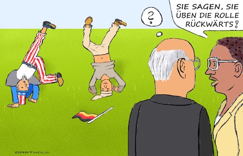 Cartoon: Rolle rückwärts (medium) by Barthold tagged uncle,sam,deutscher,michel,üben,rolle,rückwärts,aktuell,wichtig,usa,deutschland,cartoon,karikatur,barthold,uncle,sam,deutscher,michel,üben,rolle,rückwärts,aktuell,wichtig,usa,deutschland,cartoon,karikatur,barthold