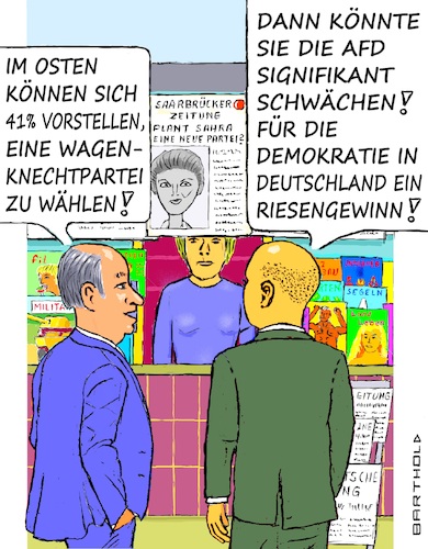 Cartoon: Sahra wir wünschen viel Erfolg! (medium) by Barthold tagged sahra,wagenknecht,plan,gründung,neugründung,partei,spiegelumfrage,große,zustimmung,osten,neue,länder,schwächung,afd,stärkung,demokratie,zeitungskiosk,gespräch,dialog,passanten,cartoon,karikatur,barthold,sahra,wagenknecht,plan,gründung,neugründung,partei,spiegelumfrage,große,zustimmung,osten,neue,länder,schwächung,afd,stärkung,demokratie,zeitungskiosk,gespräch,dialog,passanten,cartoon,karikatur,barthold